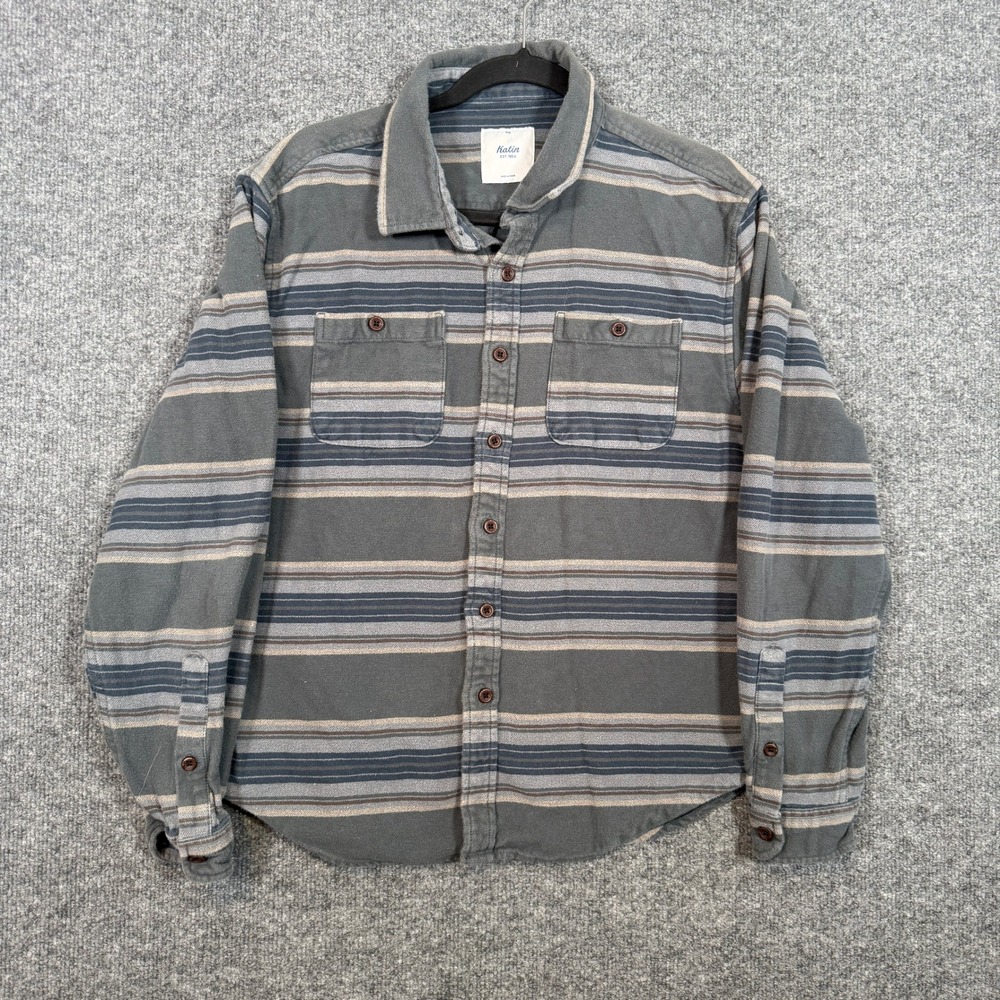 Katin Flannel Shirt Mens Medium Gray Striped Long Sleeve Button Down Surf Casual
